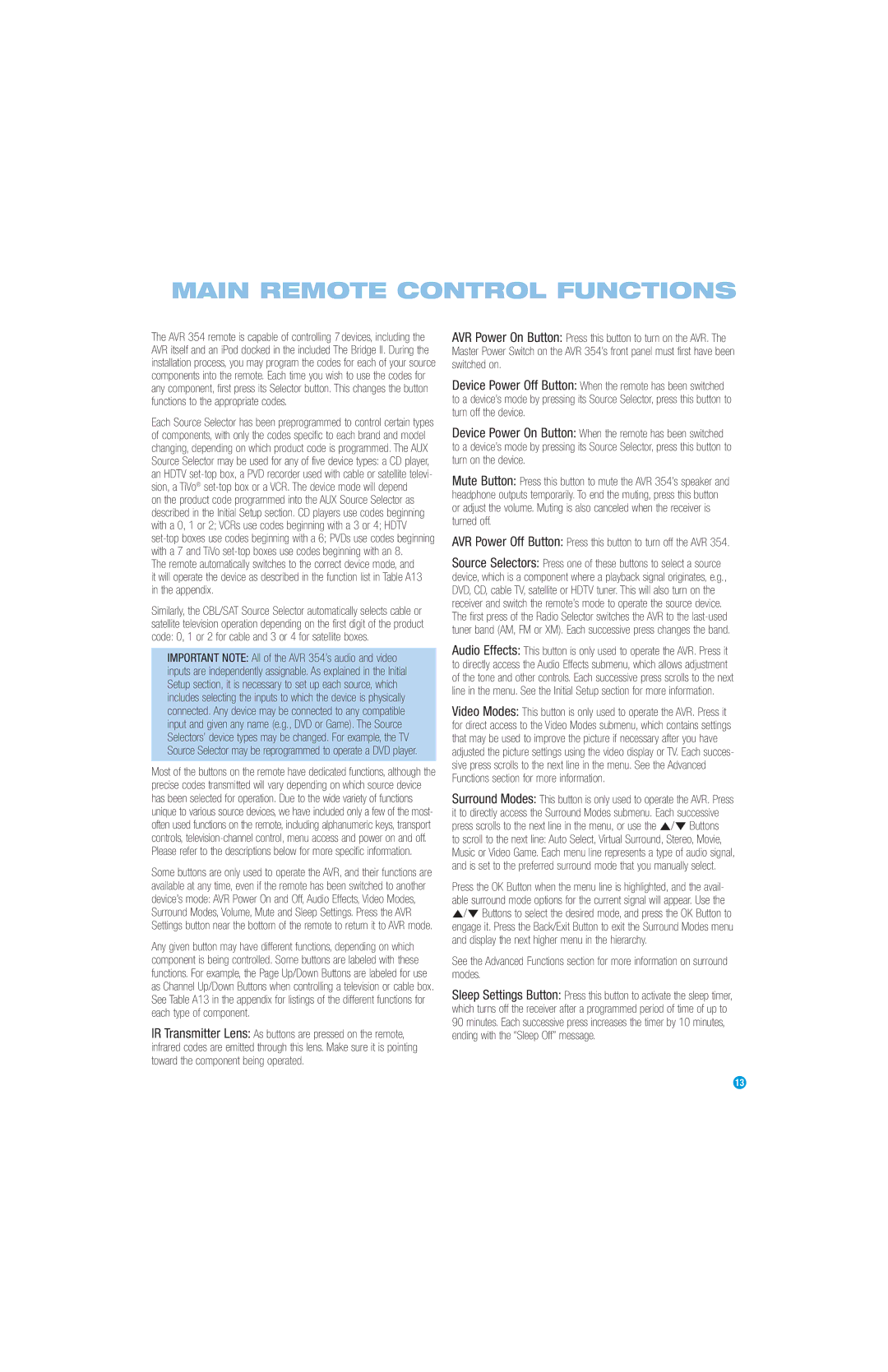 Harman-Kardon AVR 354 owner manual Main Remote Control Functions 