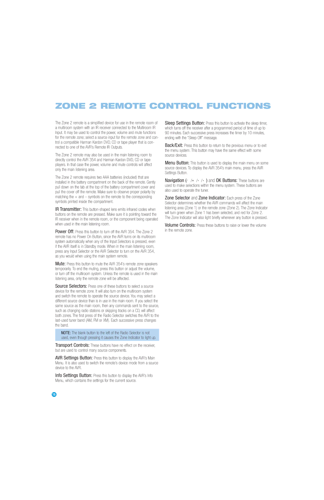 Harman-Kardon AVR 354 owner manual Zone 2 Remote Control Functions 