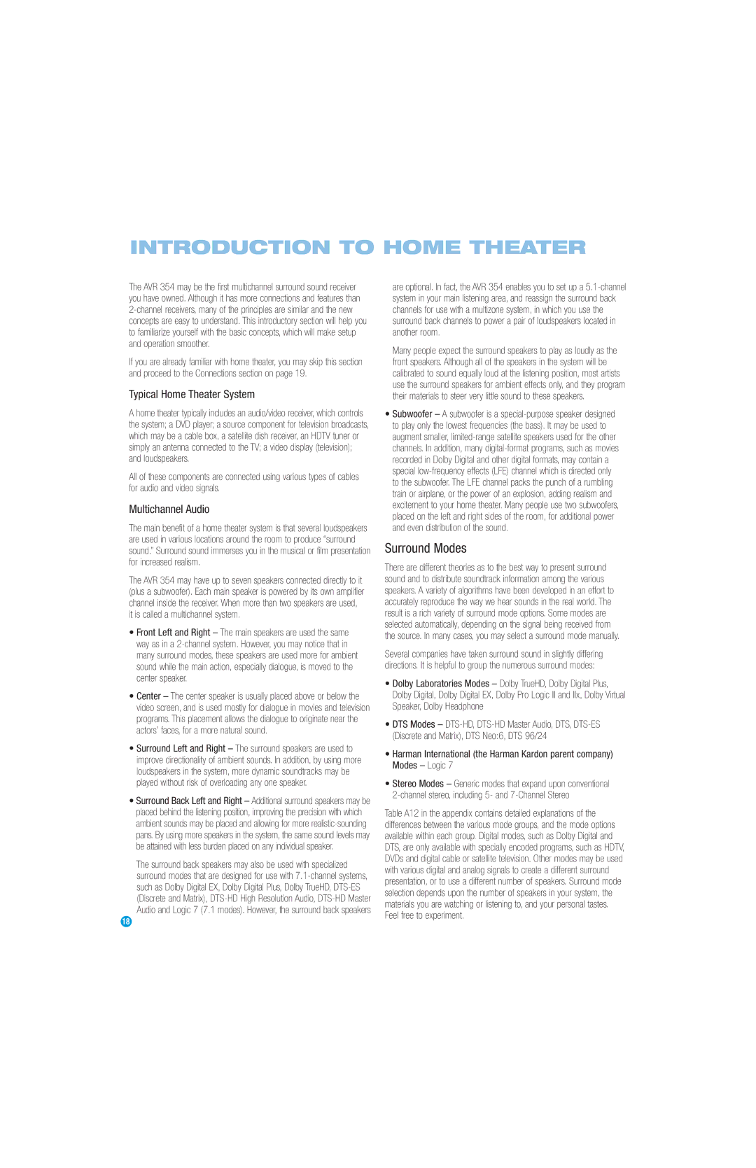 Harman-Kardon AVR 354 Introduction to Home Theater, Surround Modes, Typical Home Theater System, Multichannel Audio 