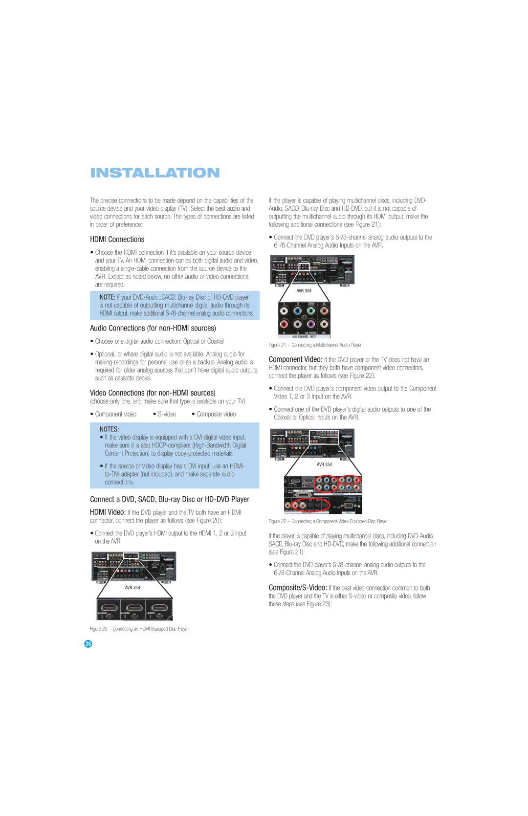 Harman-Kardon AVR 354 Hdmi Connections, Audio Connections for non-HDMI sources, Video Connections for non-HDMI sources 