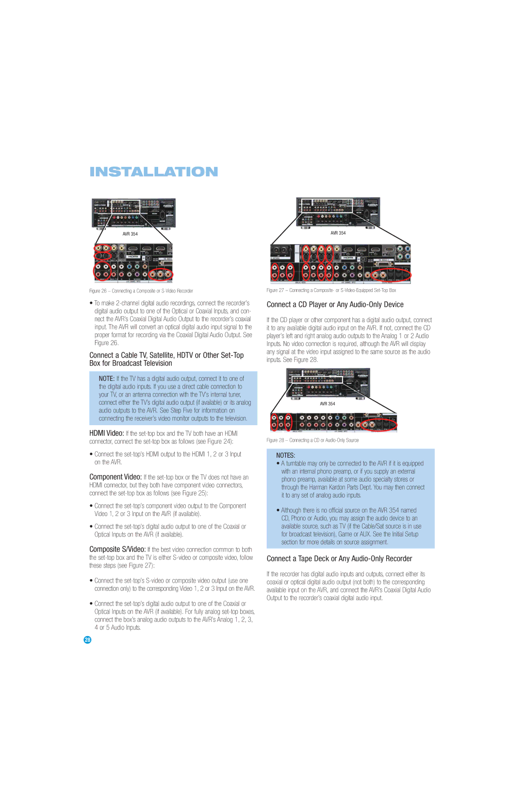 Harman-Kardon AVR 354 Connect a CD Player or Any Audio-Only Device, Connect a Tape Deck or Any Audio-Only Recorder 