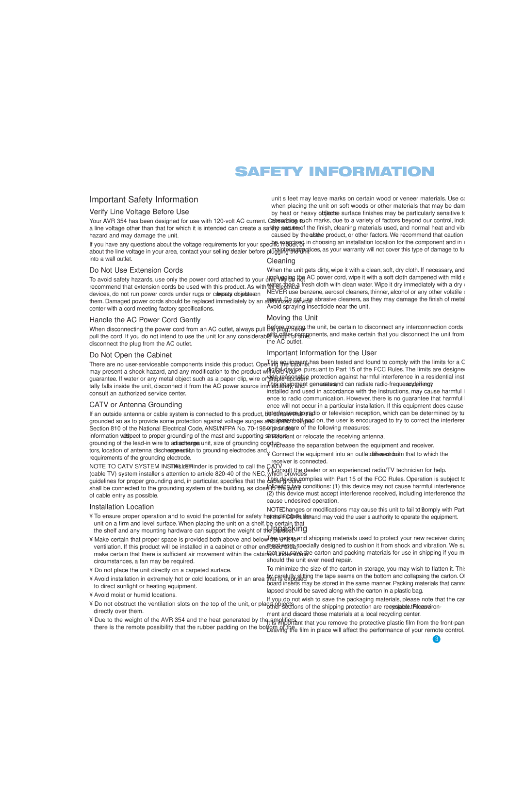 Harman-Kardon AVR 354 owner manual Important Safety Information, Do not place the unit directly on a carpeted surface 