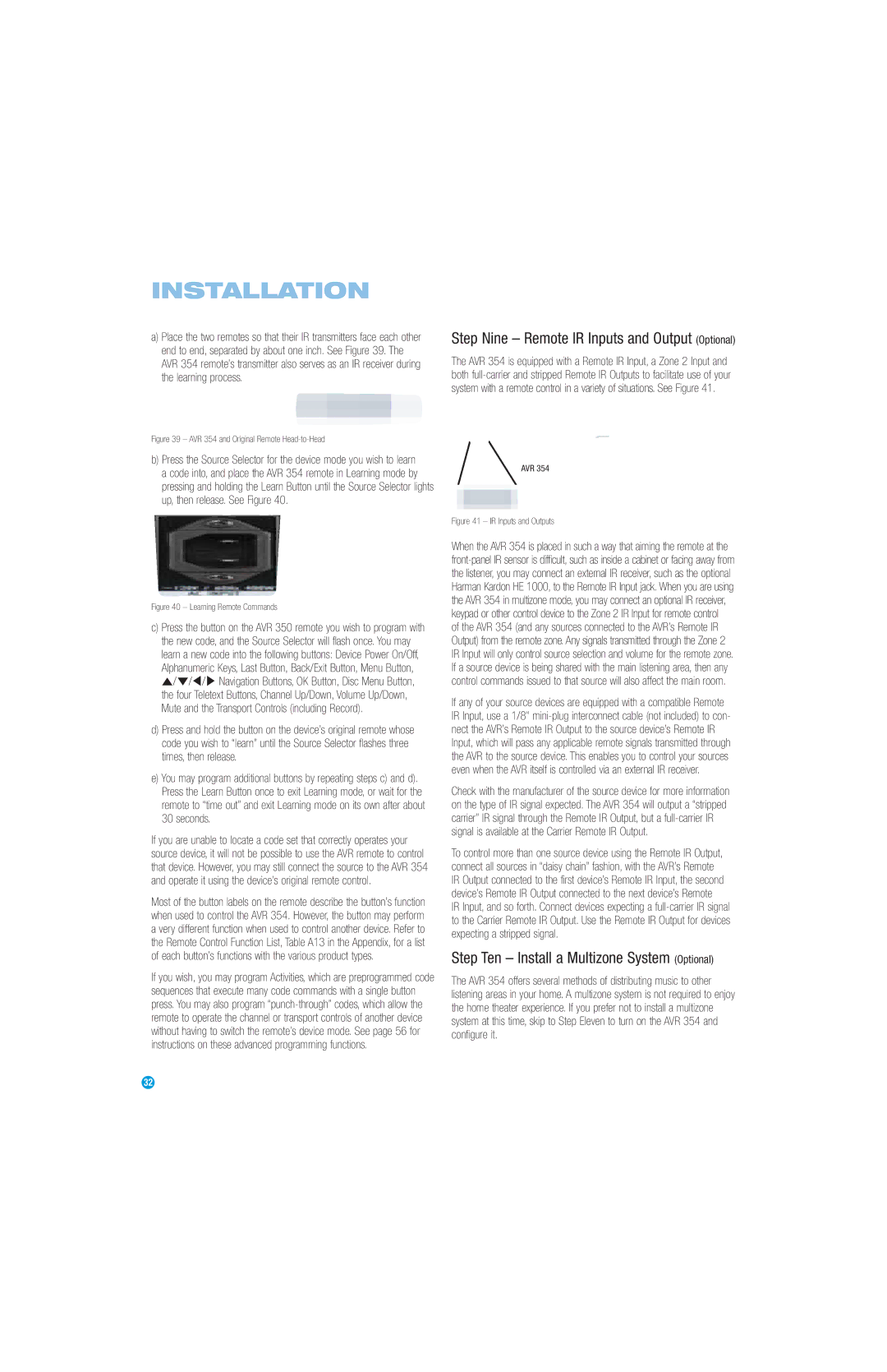 Harman-Kardon AVR 354 Step Ten Install a Multizone System Optional, Step Nine Remote IR Inputs and Output Optional 