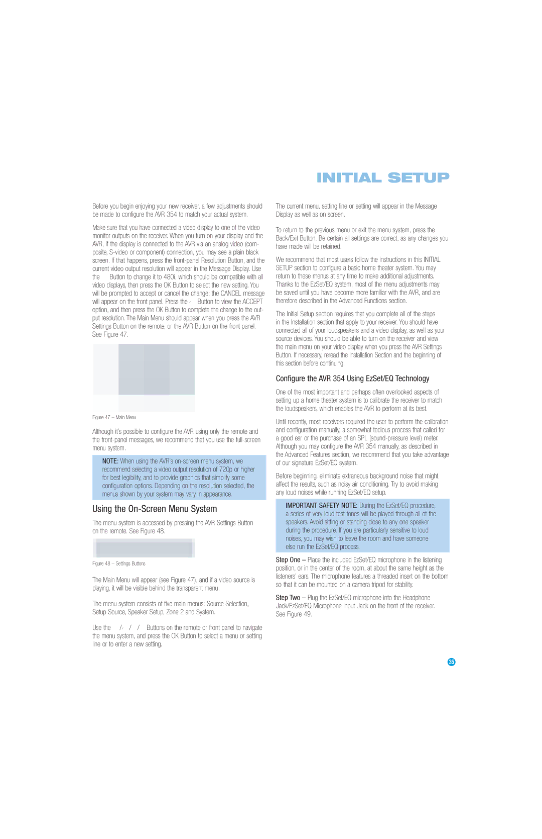 Harman-Kardon Initial Setup, Using the On-Screen Menu System, Configure the AVR 354 Using EzSet/EQ Technology 