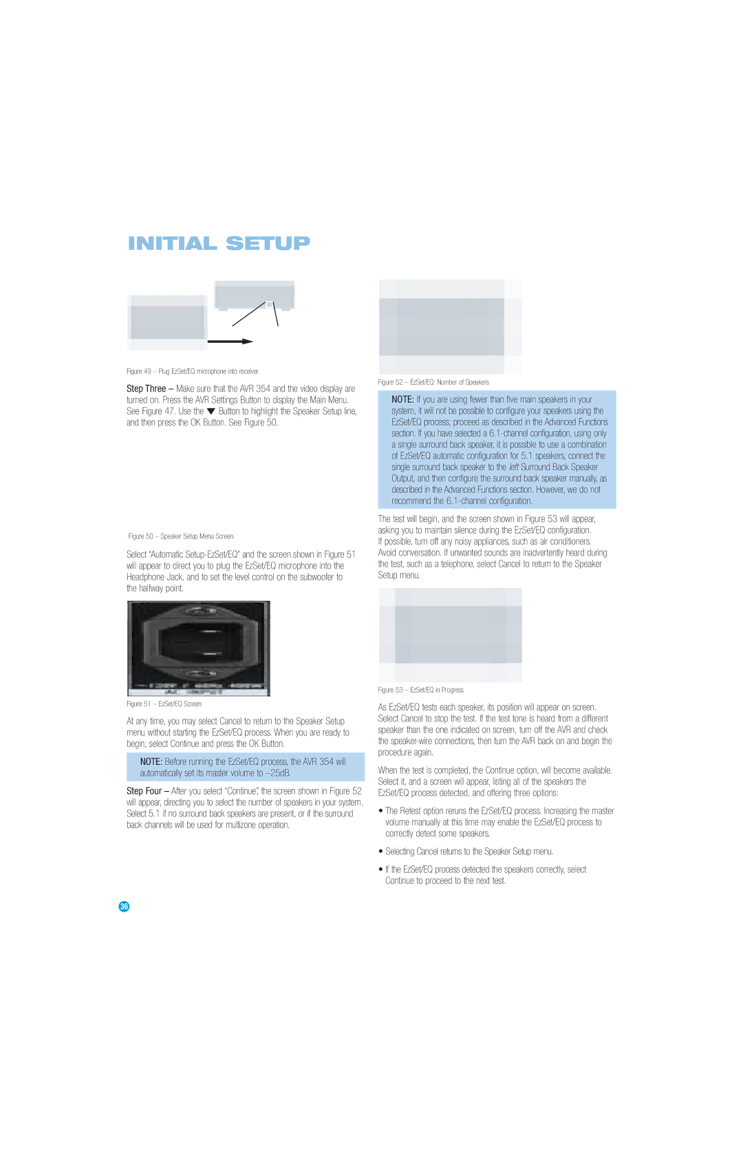 Harman-Kardon AVR 354 owner manual Selecting Cancel returns to the Speaker Setup menu, Speaker Setup Menu Screen 