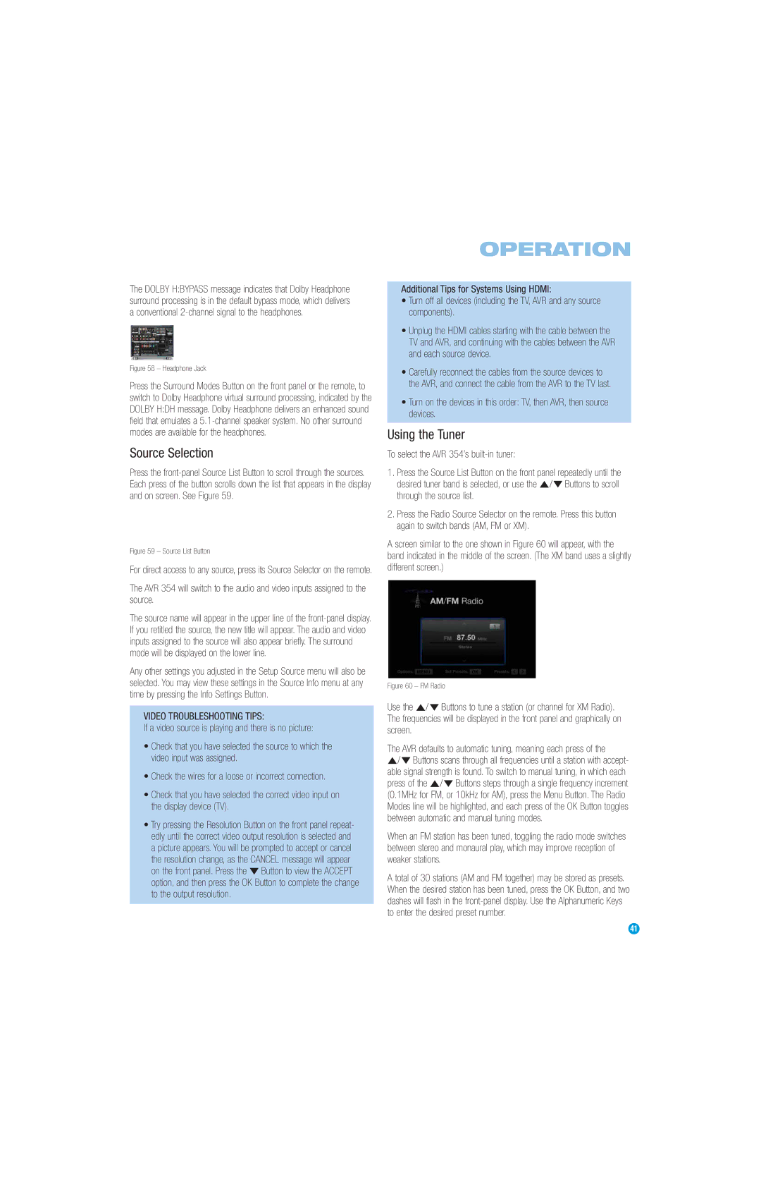 Harman-Kardon AVR 354 owner manual Source Selection, Using the Tuner, If a video source is playing and there is no picture 