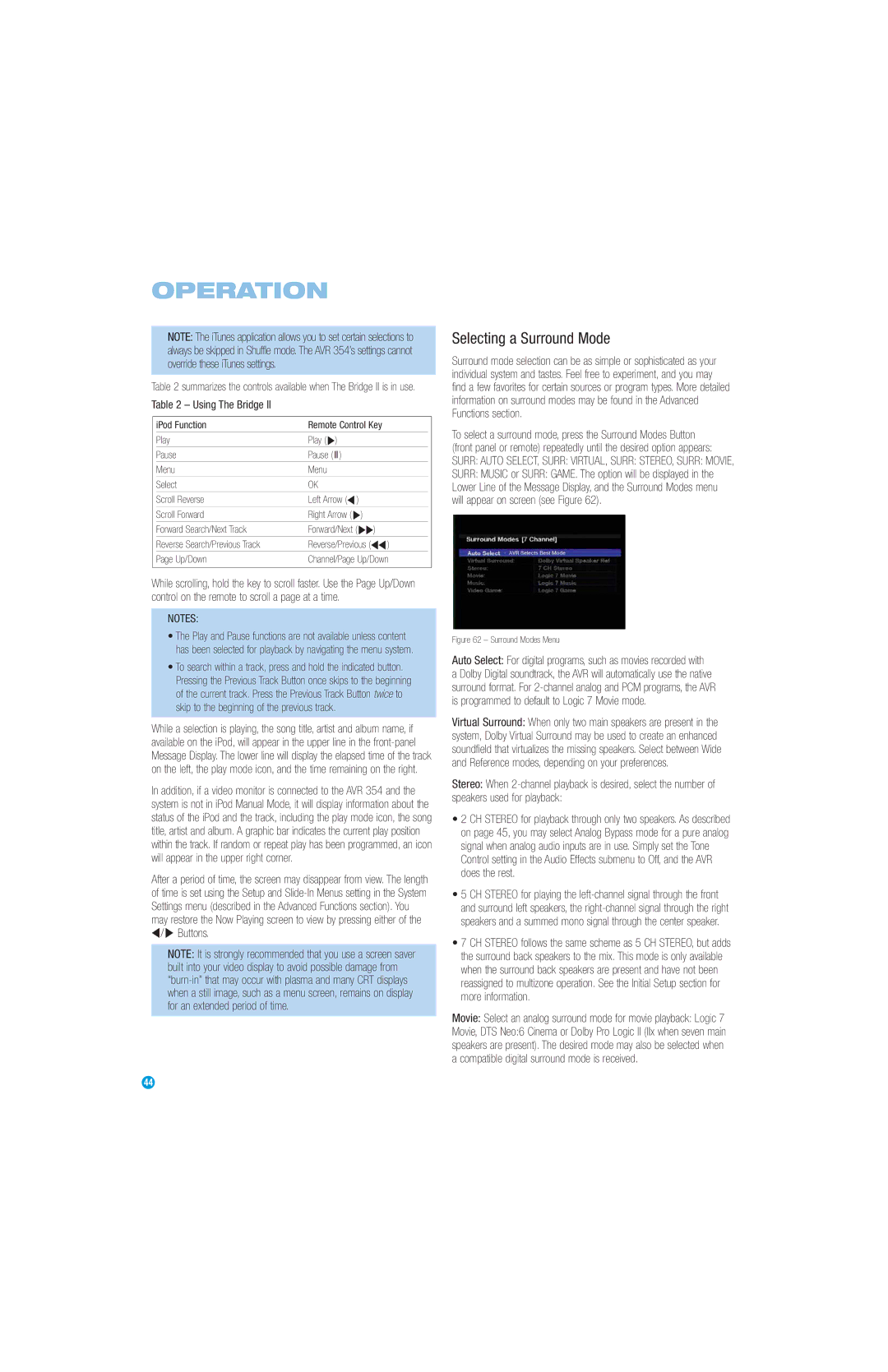 Harman-Kardon AVR 354 owner manual Selecting a Surround Mode, ‹ / › Buttons, Using The Bridge 