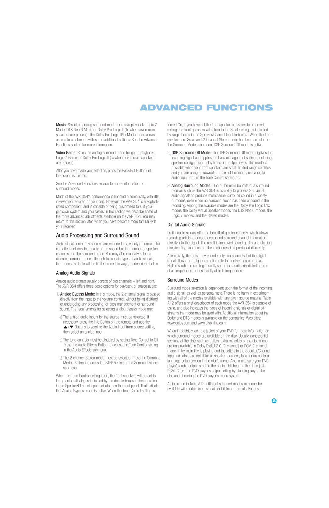 Harman-Kardon AVR 354 Advanced Functions, Audio Processing and Surround Sound, Analog Audio Signals, Digital Audio Signals 