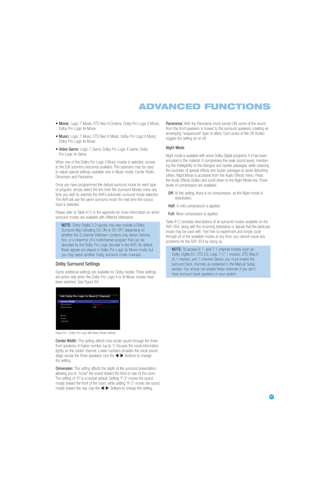 Harman-Kardon AVR 354 owner manual Dolby Surround Settings, Night Mode 