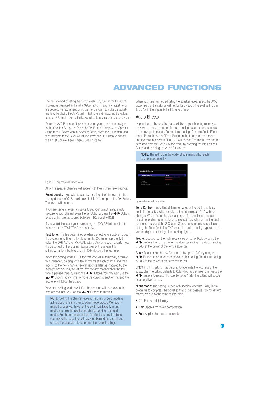 Harman-Kardon AVR 354 owner manual Audio Effects Menu 