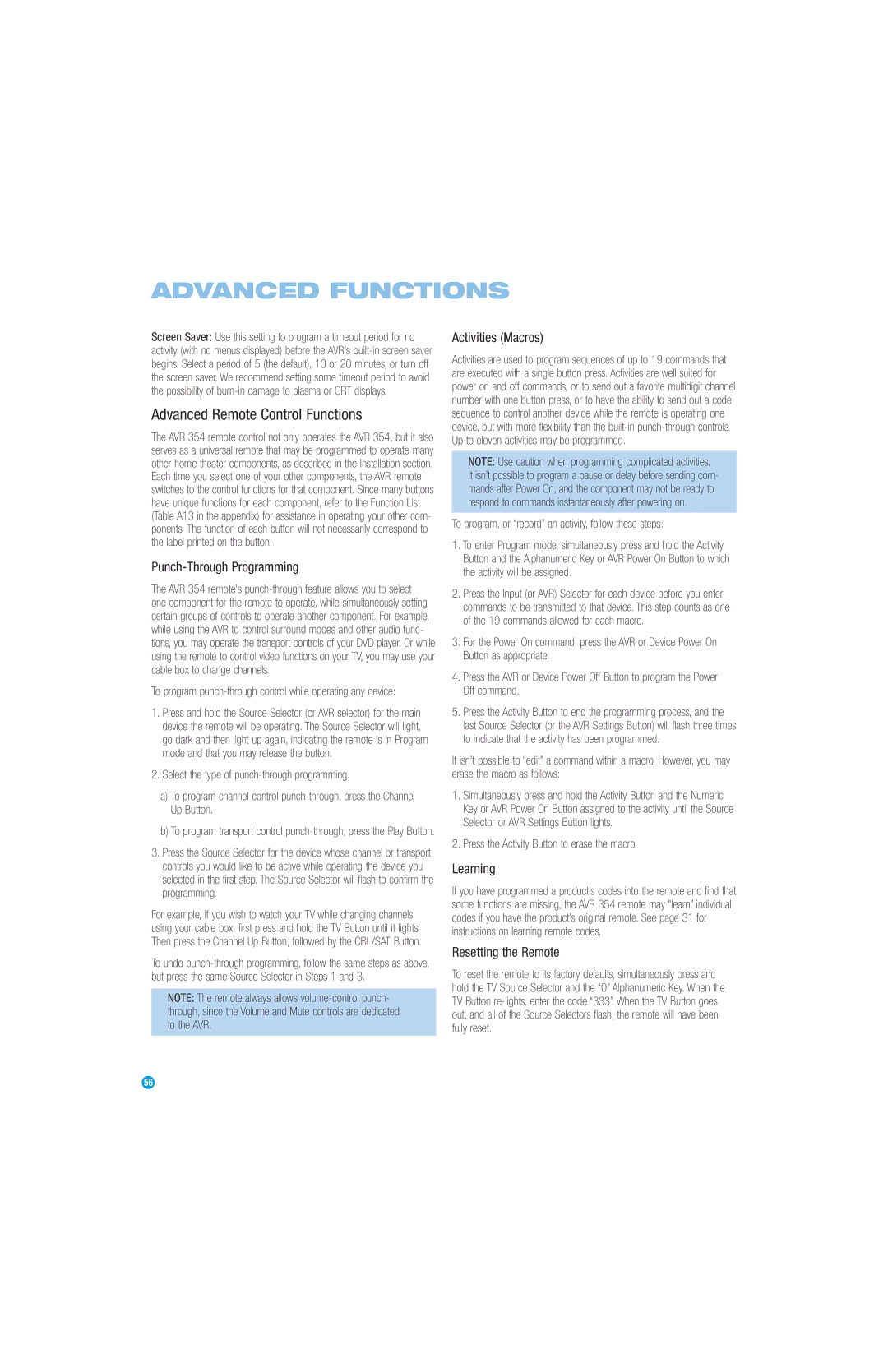 Harman-Kardon AVR 354 Advanced Remote Control Functions, Punch-Through Programming, Activities Macros, Learning 