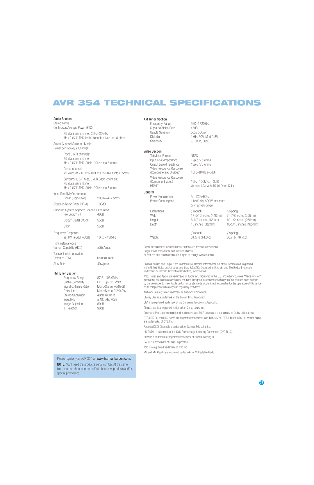 Harman-Kardon owner manual AVR 354 Technical Specifications 