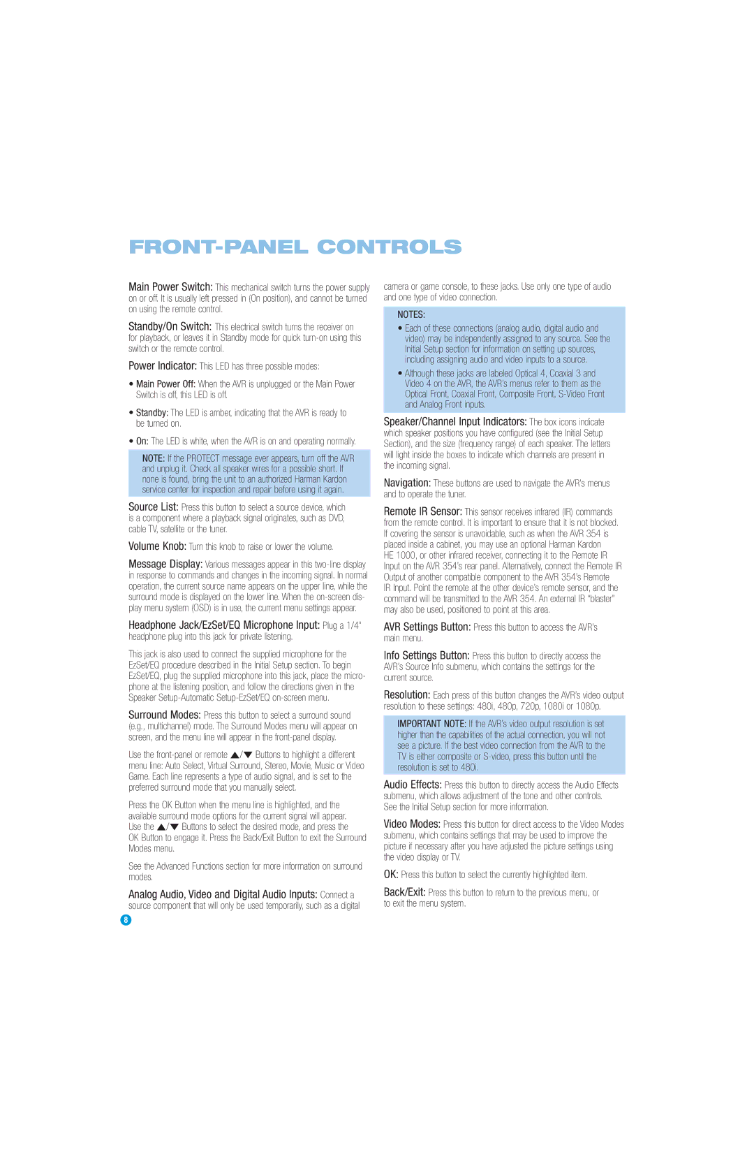 Harman-Kardon AVR 354 owner manual FRONT-PANEL Controls, Volume Knob Turn this knob to raise or lower the volume 