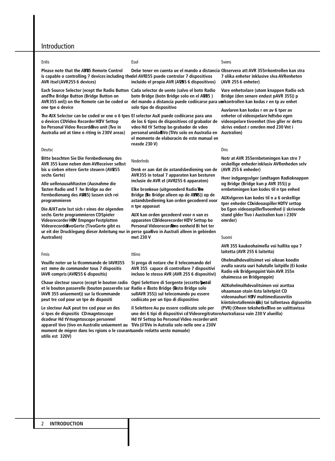 Harman-Kardon AVR 355 / 230V, AVR 255 / 230V manual Introduction, English 