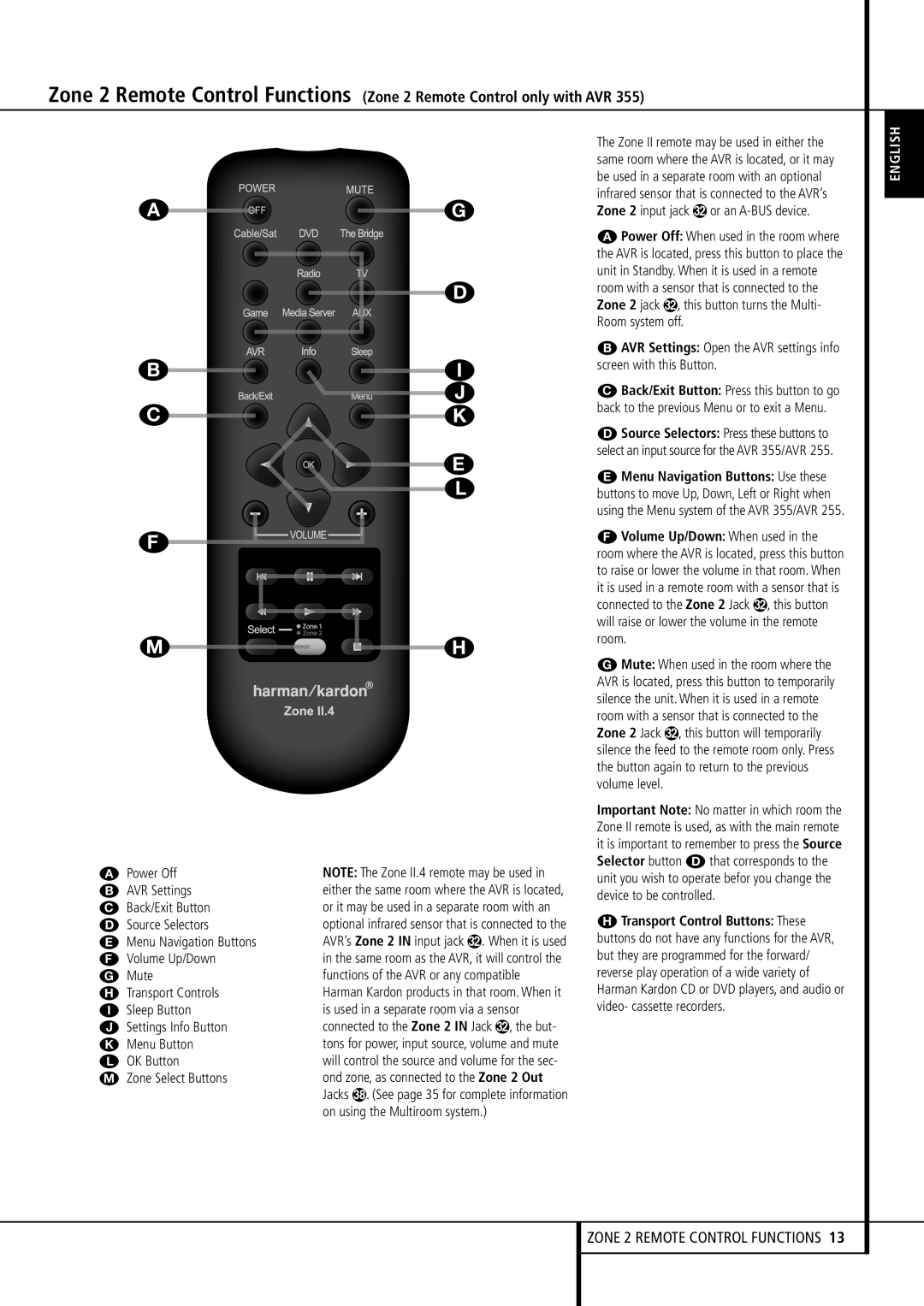 Harman-Kardon AVR 255, AVR 355 owner manual Zone 2 Remote Control Functions 