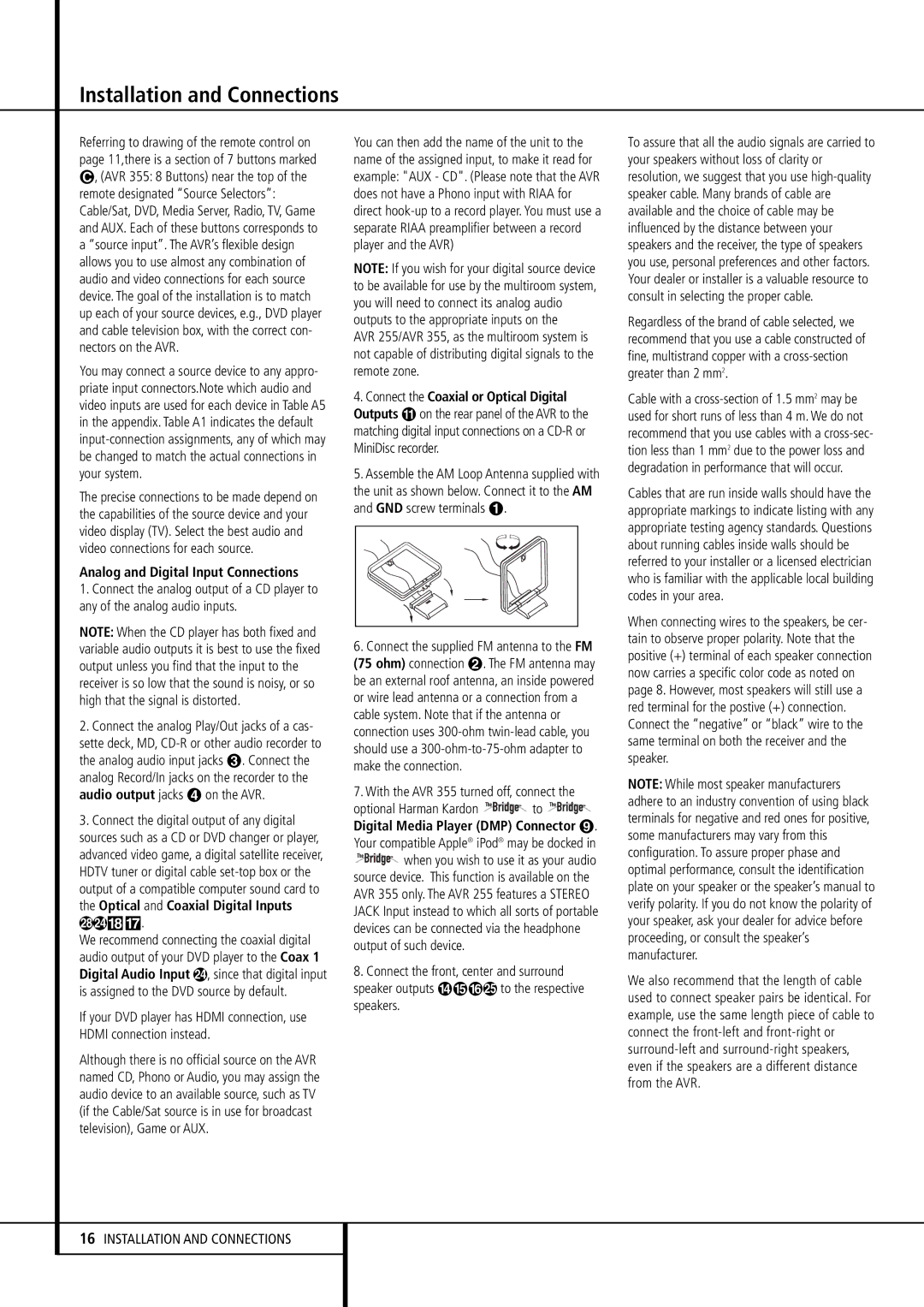 Harman-Kardon AVR 255 owner manual Analog and Digital Input Connections, With the AVR 355 turned off, connect 