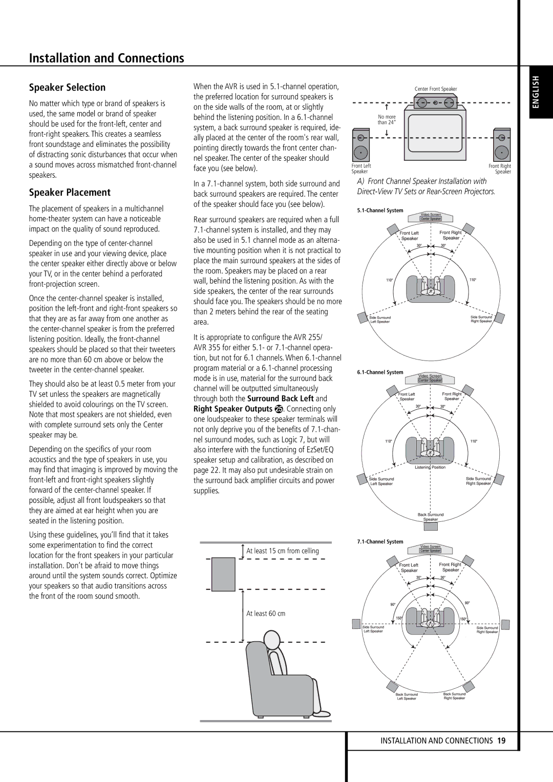 Harman-Kardon AVR 255, AVR 355 owner manual Speaker Selection, Speaker Placement 