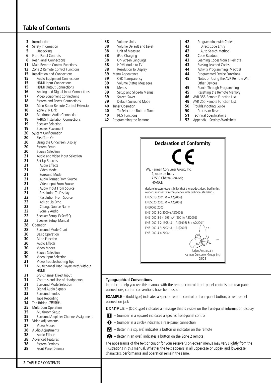 Harman-Kardon AVR 355, AVR 255 owner manual Table of Contents 