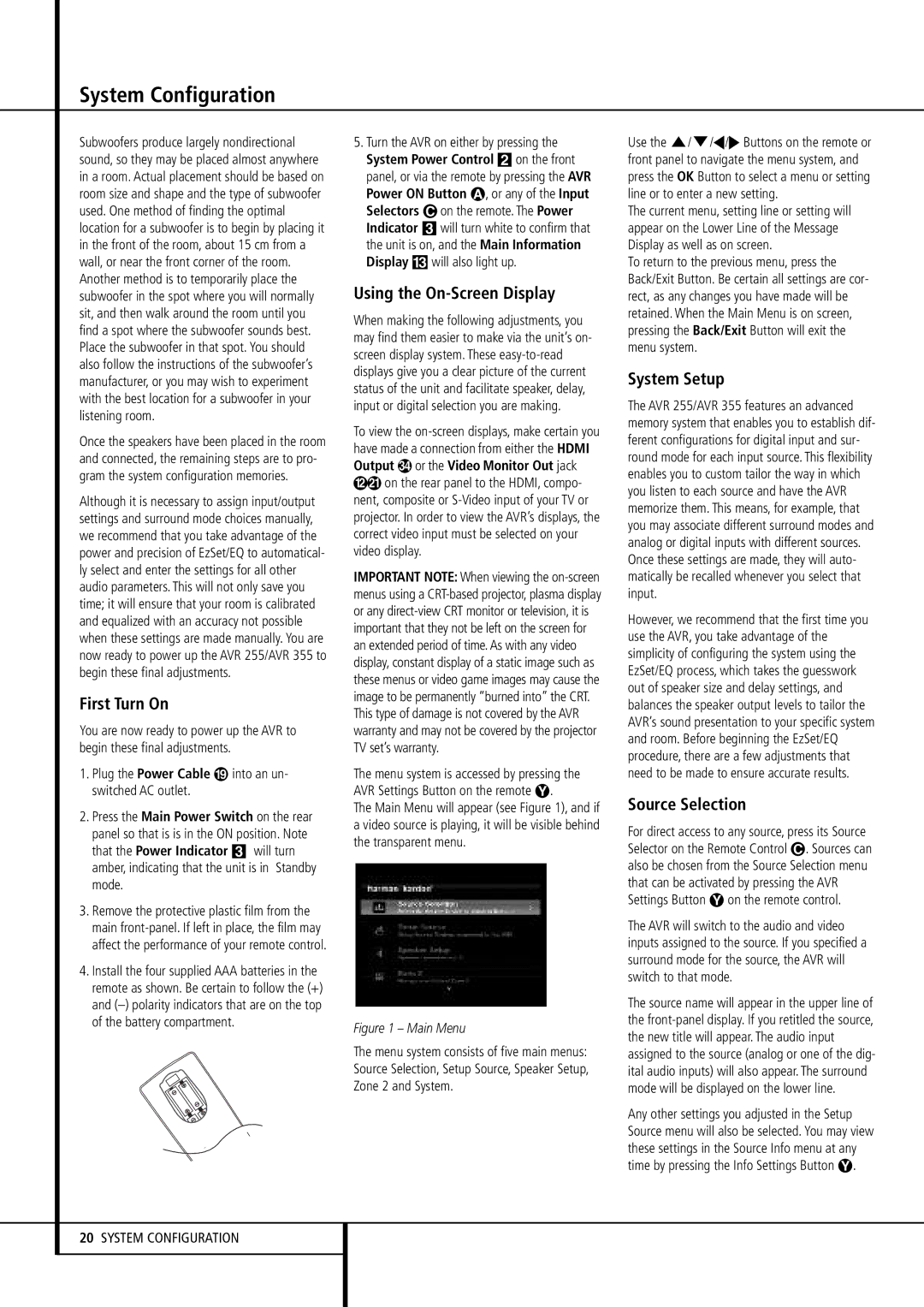 Harman-Kardon AVR 355 System Configuration, First Turn On, Using the On-Screen Display, System Setup, Source Selection 