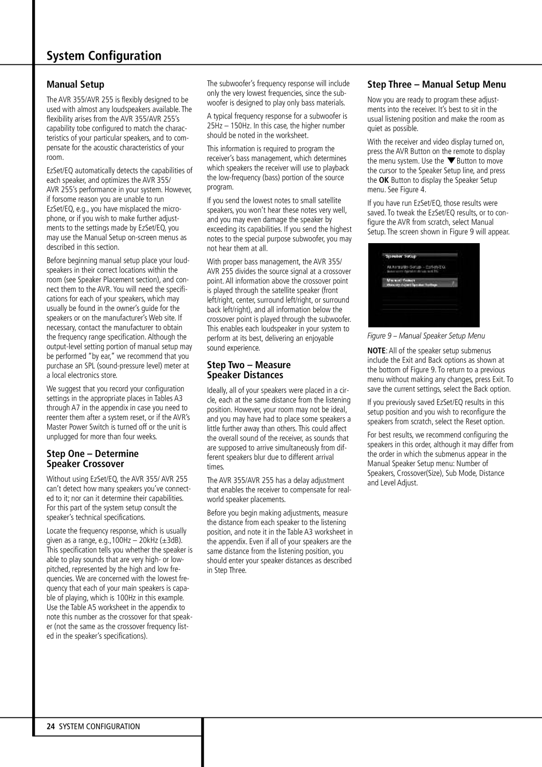 Harman-Kardon AVR 355, AVR 255 Manual Setup, Step One Determine Speaker Crossover, Step Two Measure Speaker Distances 