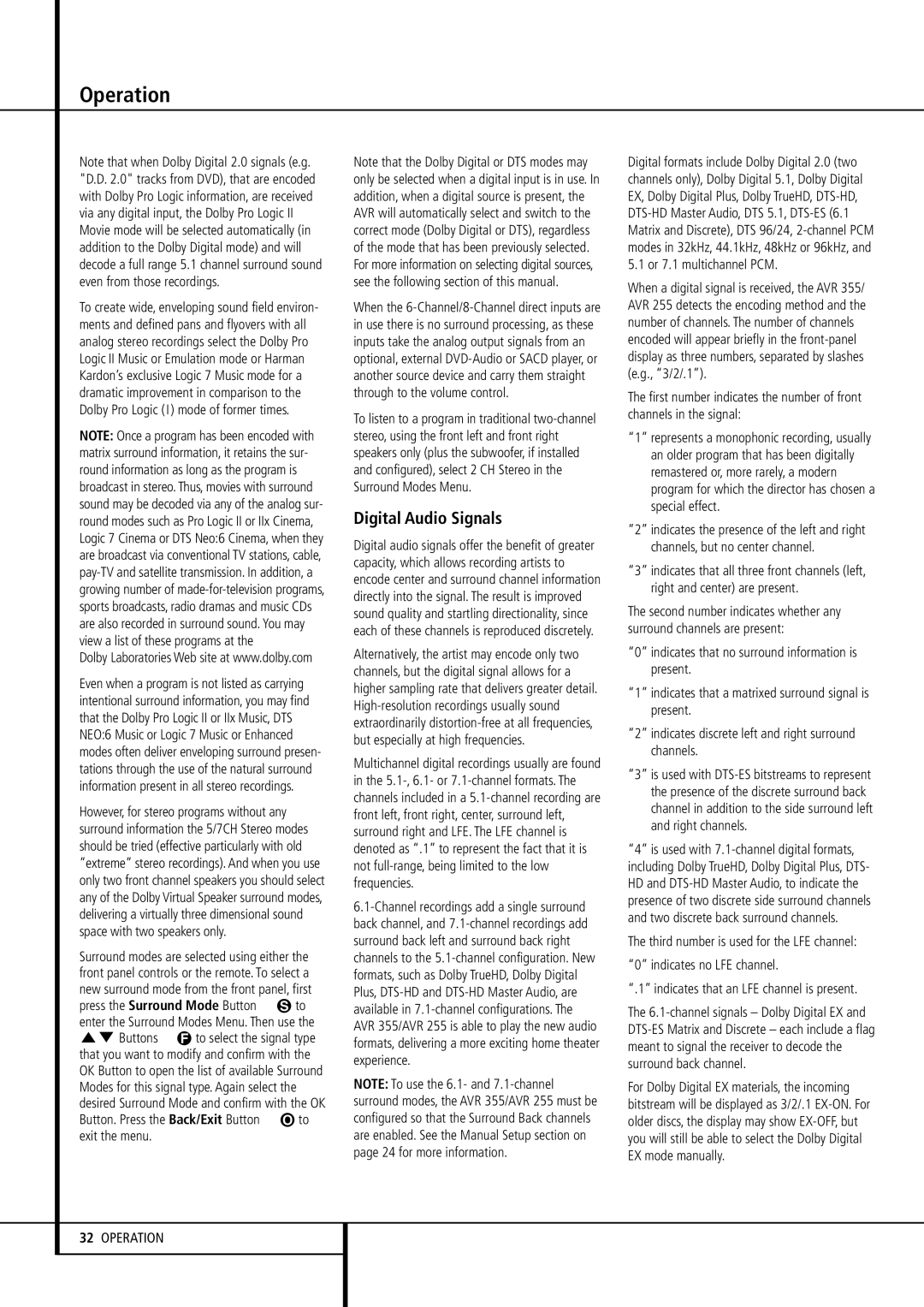 Harman-Kardon AVR 355, AVR 255 owner manual Digital Audio Signals 