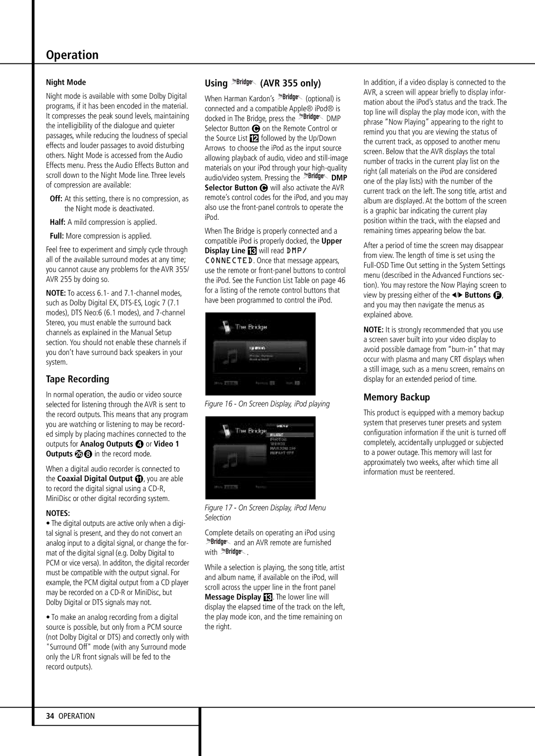 Harman-Kardon AVR 255 owner manual Tape Recording, Using AVR 355 only, Memory Backup, Night Mode, With 