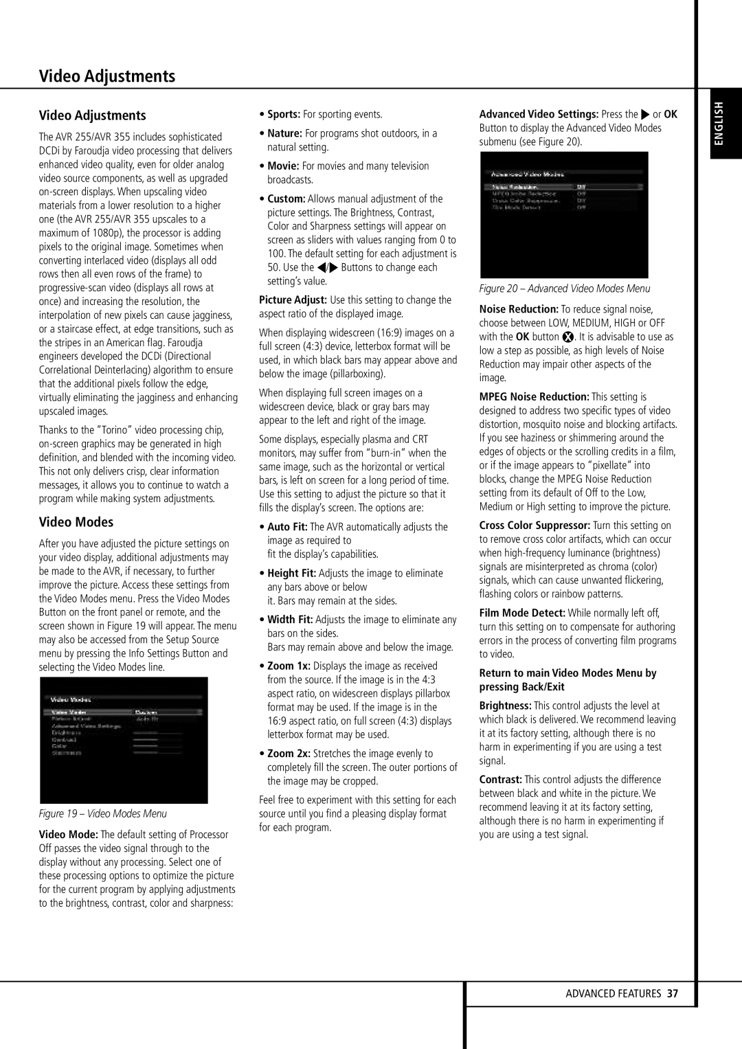 Harman-Kardon AVR 255, AVR 355 owner manual Video Adjustments, Use the M/N Buttons to change each setting’s value 