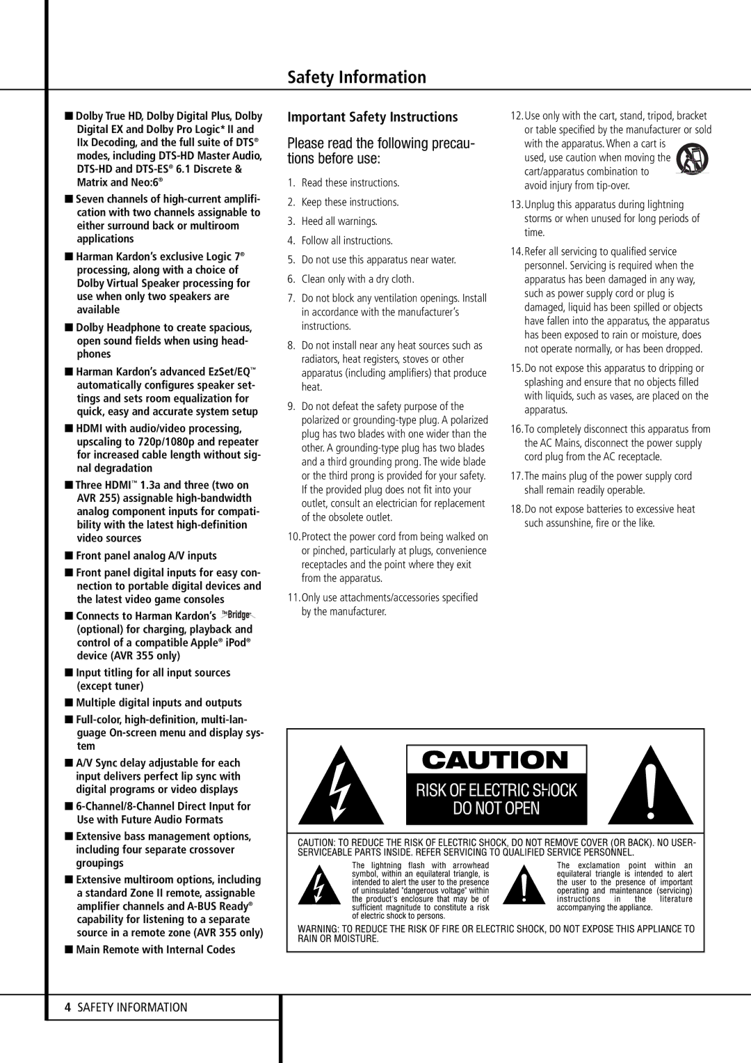 Harman-Kardon AVR 355, AVR 255 owner manual Safety Information, Important Safety Instructions, Front panel analog A/V inputs 