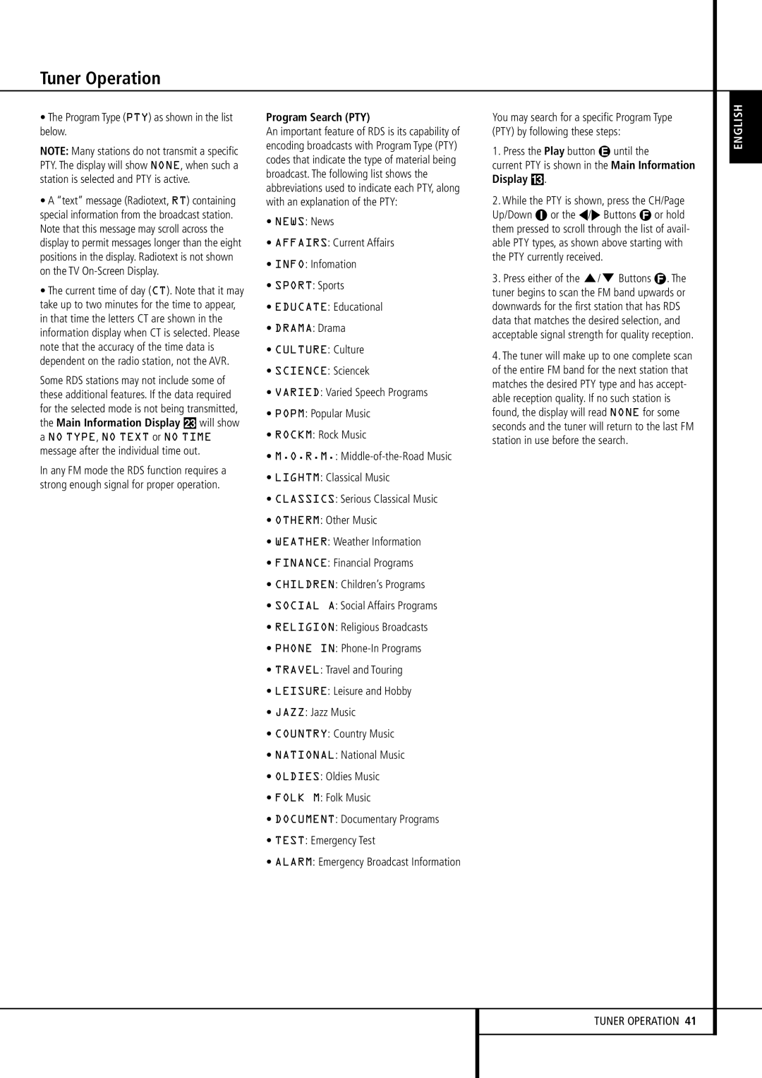 Harman-Kardon AVR 255, AVR 355 owner manual Program Type PTY as shown in the list below, Program Search PTY 