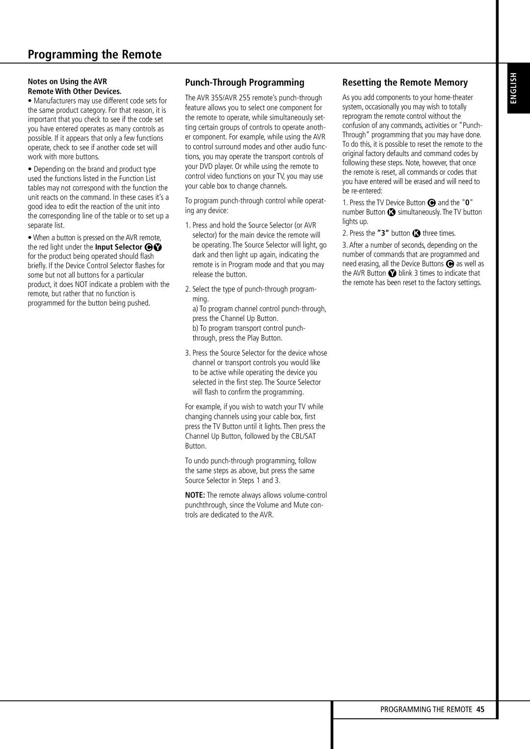 Harman-Kardon AVR 255, AVR 355 Punch-Through Programming, Resetting the Remote Memory, Remote With Other Devices 