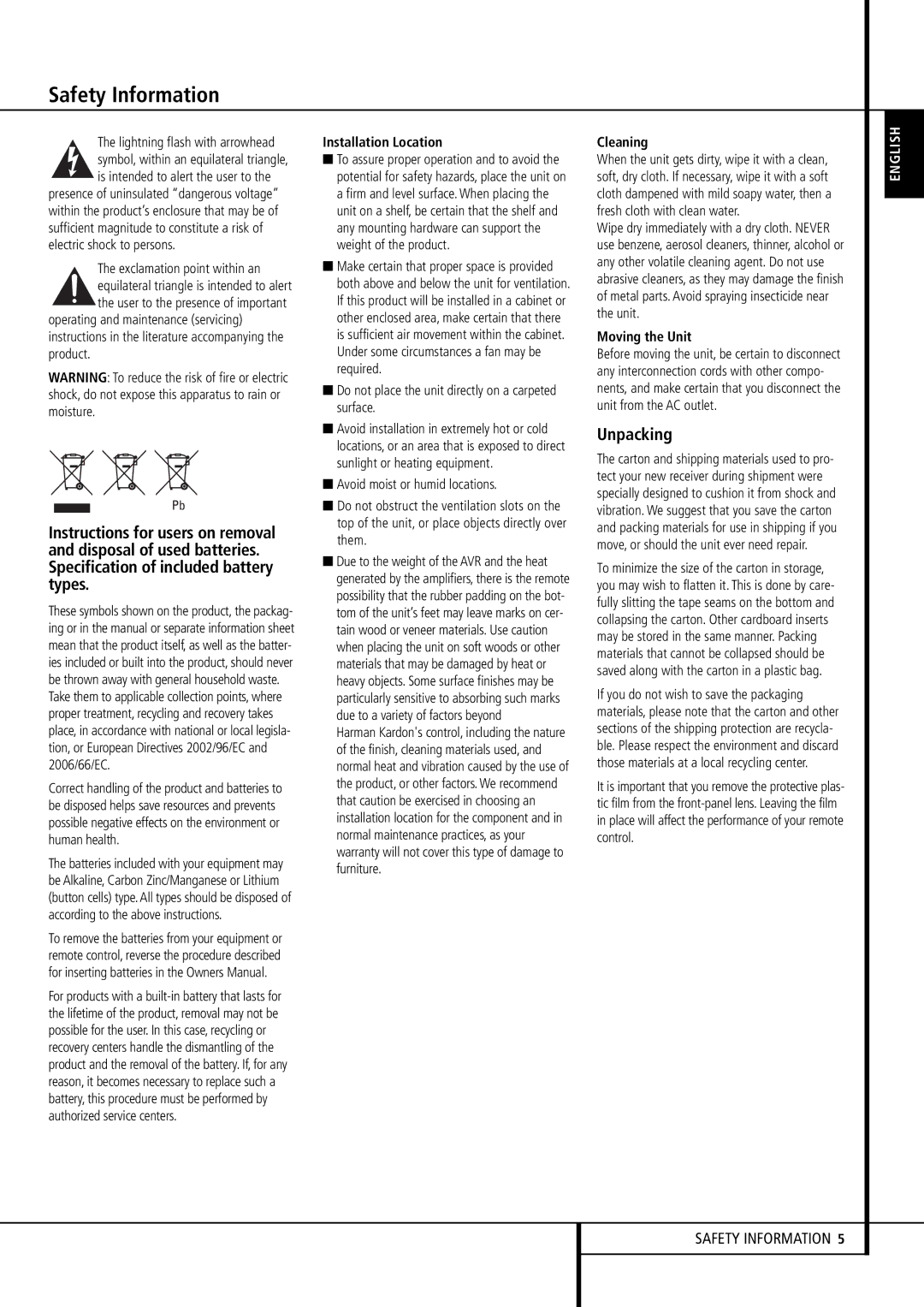 Harman-Kardon AVR 255 Unpacking, Exclamation point within an, Do not place the unit directly on a carpeted surface 