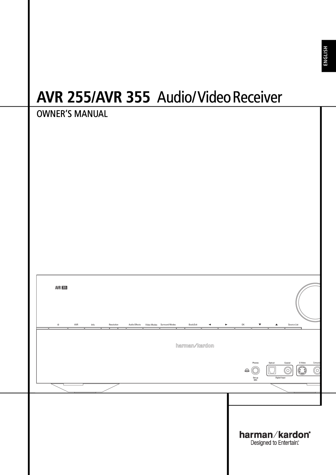 Harman-Kardon owner manual Owner’S Manual, AVR 255/AVR 355 Audio/VideoReceiver, English 