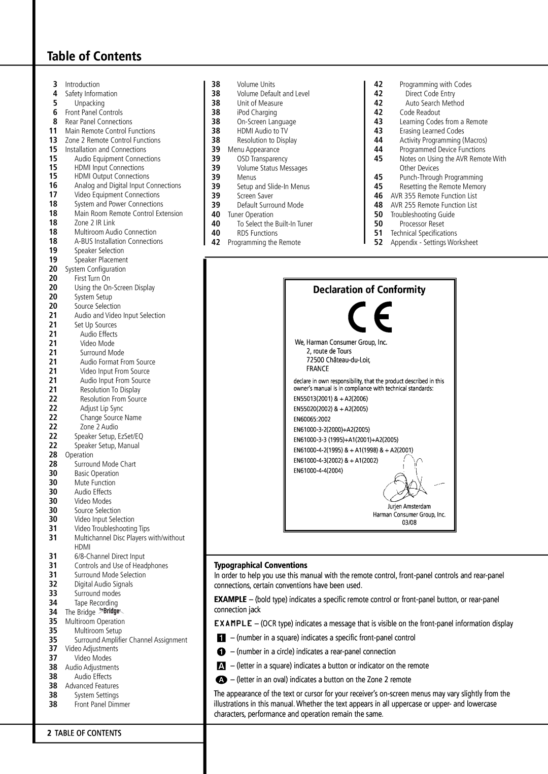 Harman-Kardon AVR 355, AVR 255 owner manual Table of Contents, Declaration of Conformity 