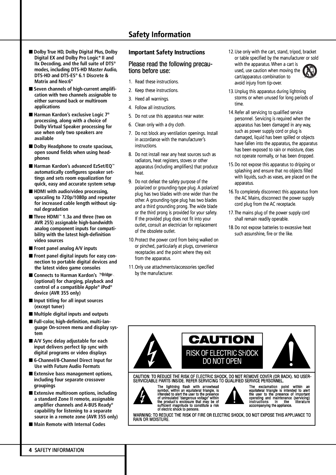 Harman-Kardon AVR 355, AVR 255 owner manual Safety Information, Important Safety Instructions 