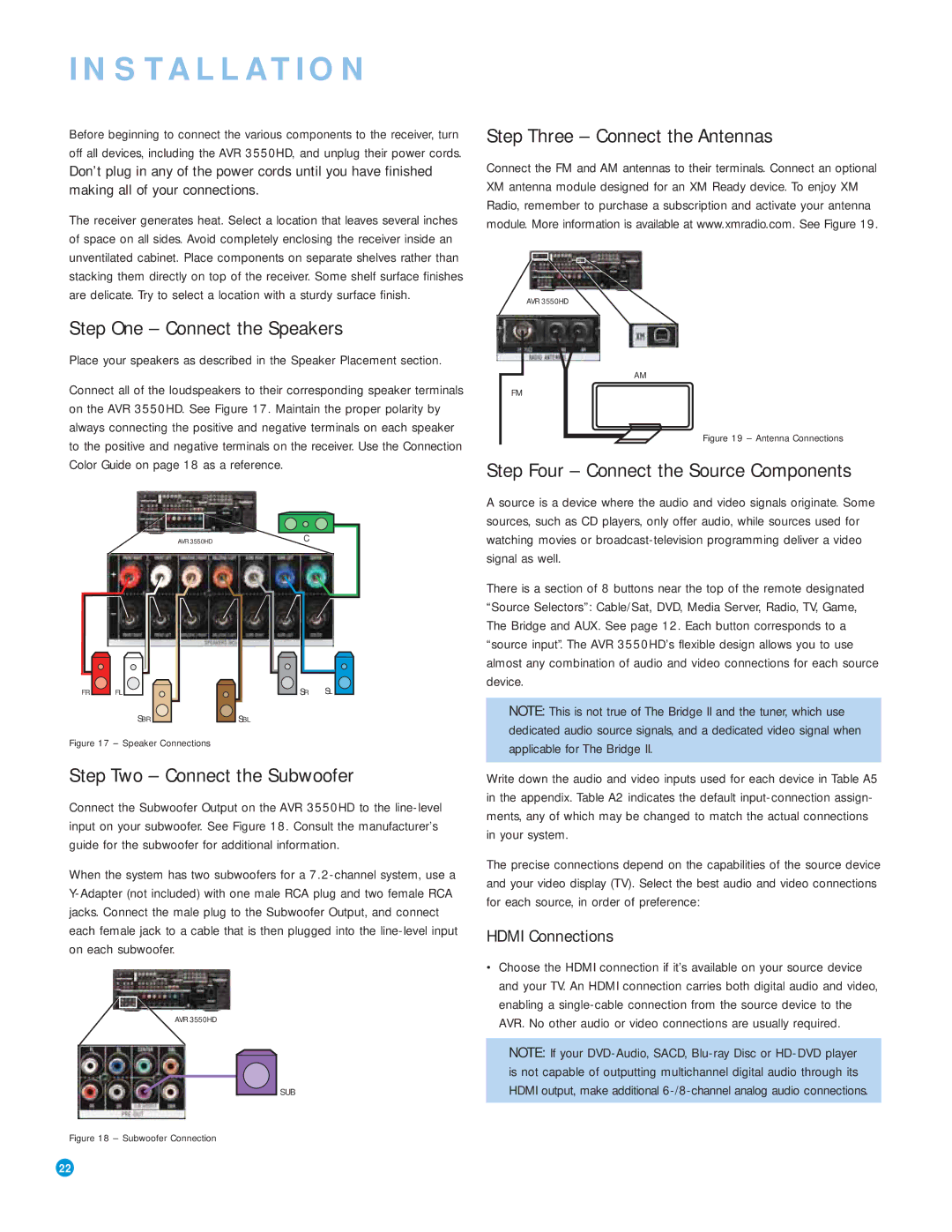 Harman-Kardon AVR 3550HD owner manual Installation, Step One Connect the Speakers, Step Two Connect the Subwoofer 