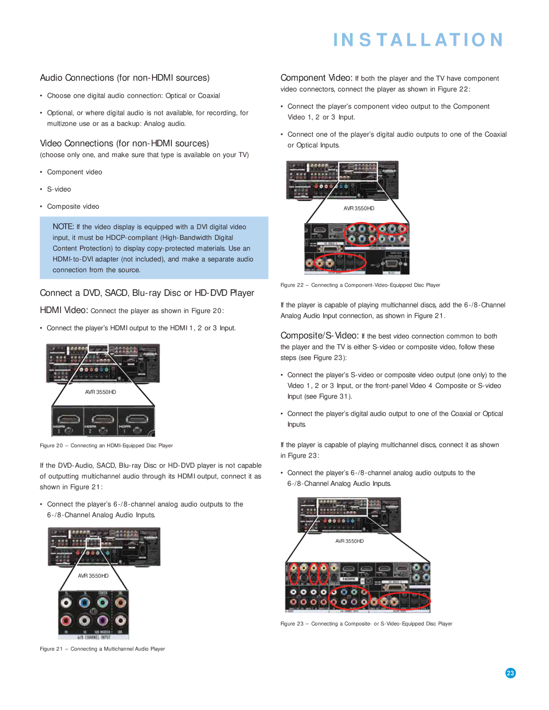 Harman-Kardon AVR 3550HD owner manual Audio Connections for non-HDMI sources, Video Connections for non-HDMI sources 