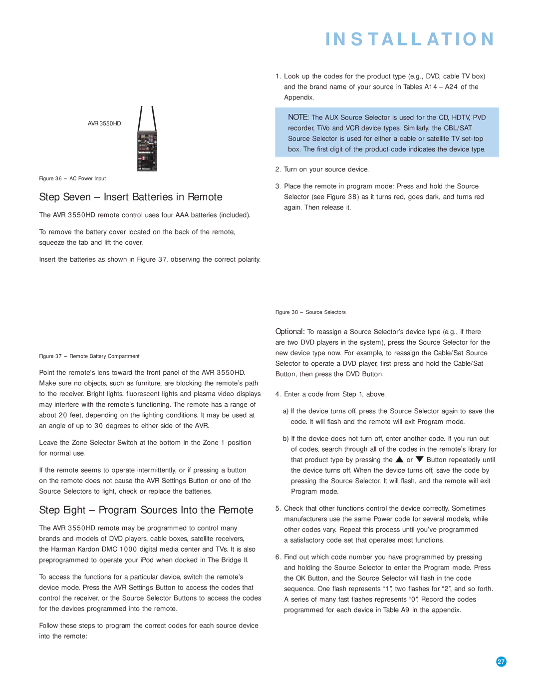 Harman-Kardon AVR 3550HD owner manual Step Seven Insert Batteries in Remote, Enter a code from , above 