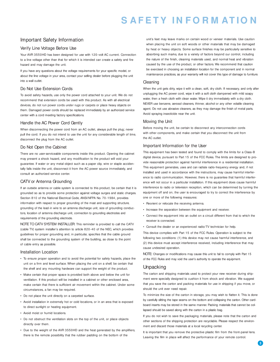 Harman-Kardon AVR 3550HD owner manual Important Safety Information, Do not place the unit directly on a carpeted surface 