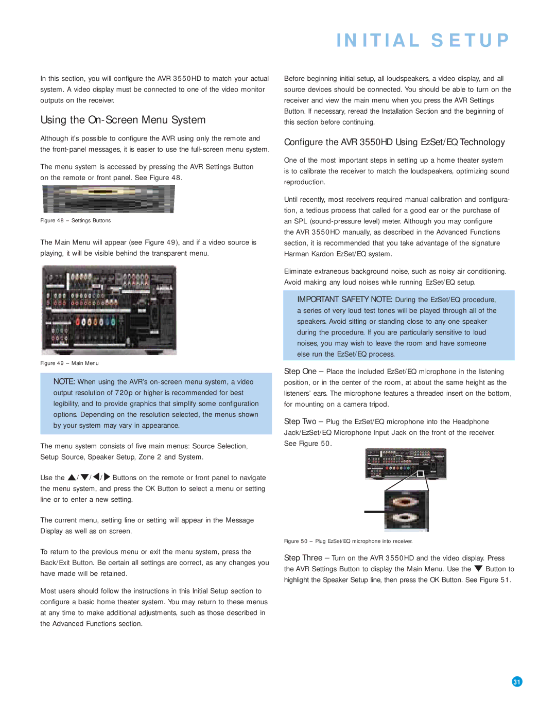 Harman-Kardon AVR 3550HD owner manual Initial Setup, Using the On-Screen Menu System 