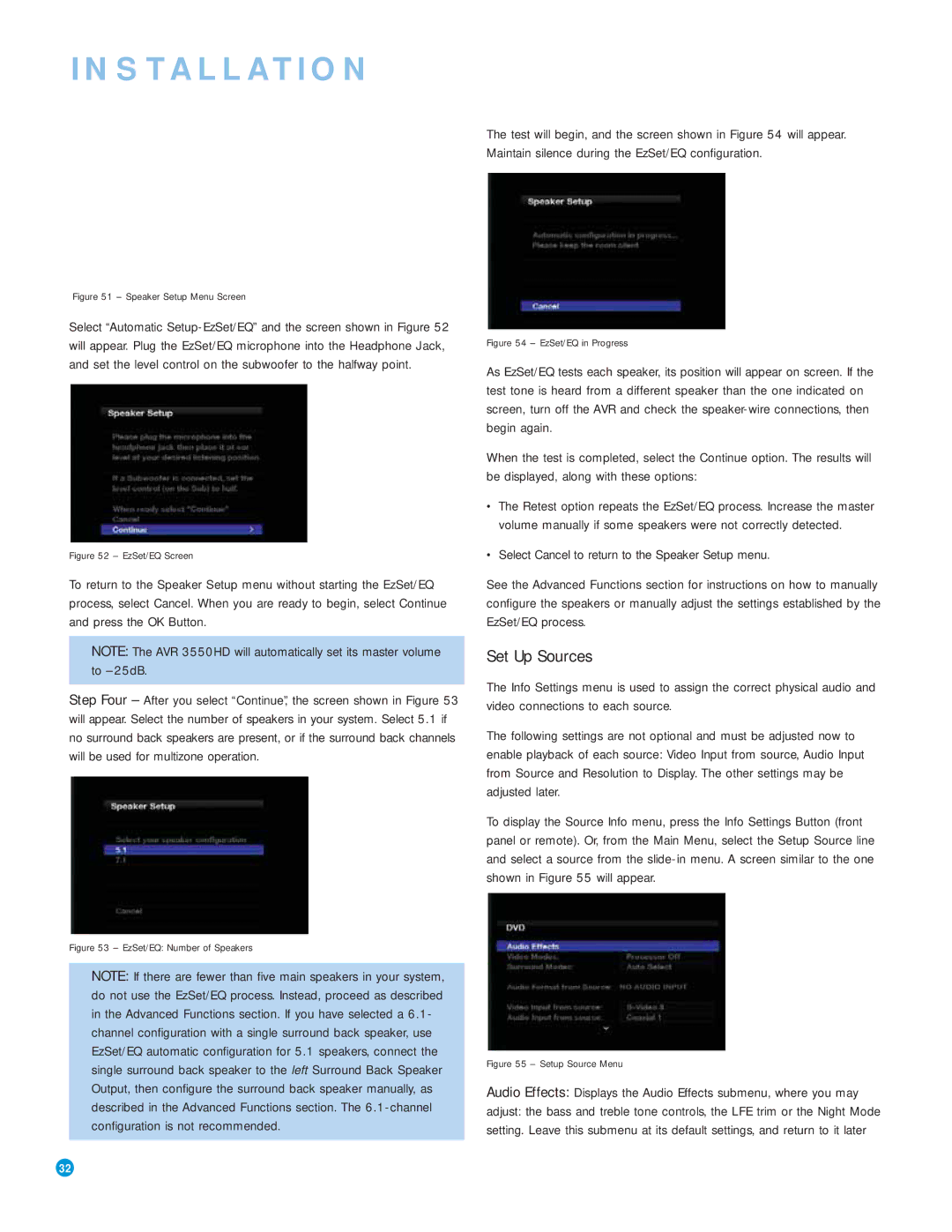 Harman-Kardon AVR 3550HD owner manual Set Up Sources, Select Cancel to return to the Speaker Setup menu 