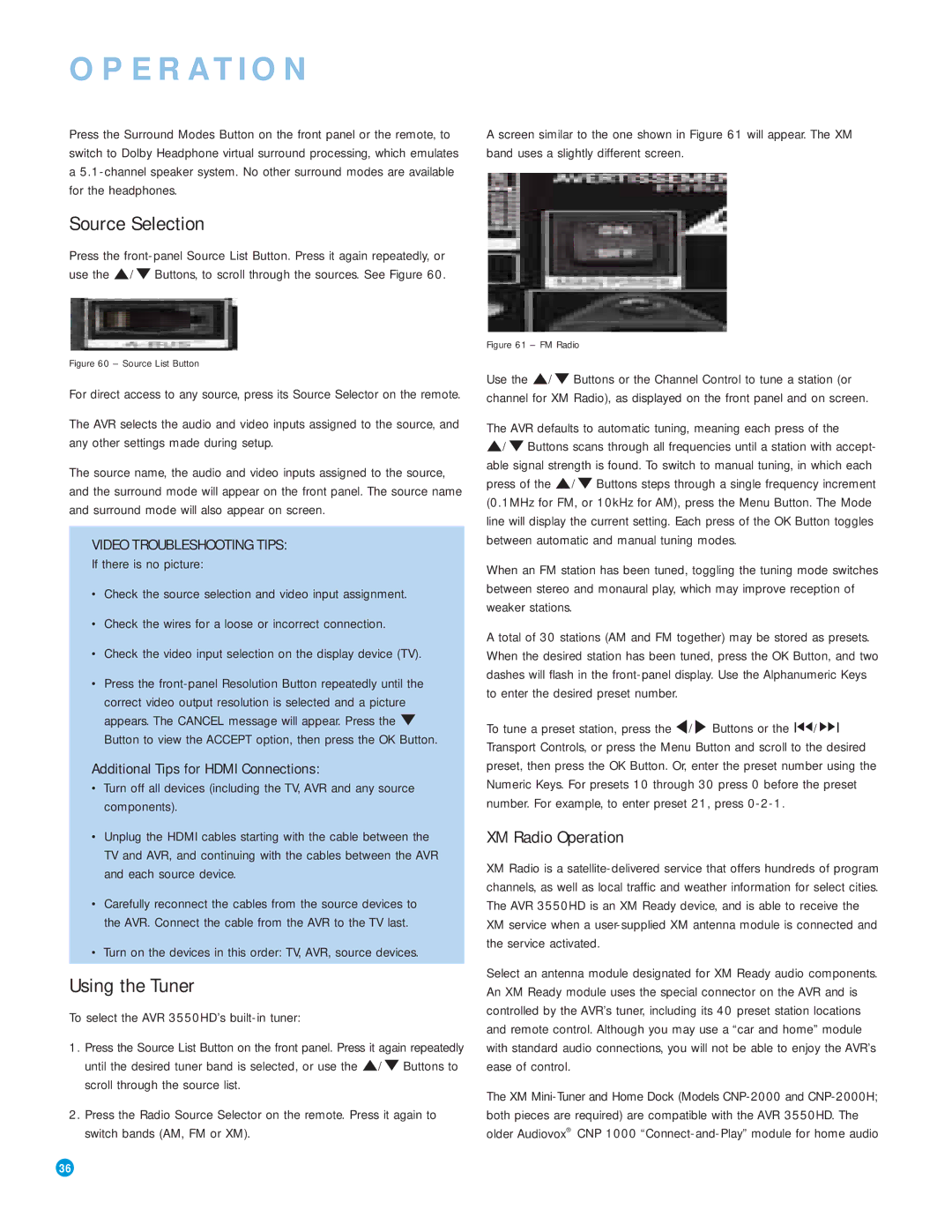 Harman-Kardon AVR 3550HD owner manual Source Selection, Using the Tuner, XM Radio Operation 