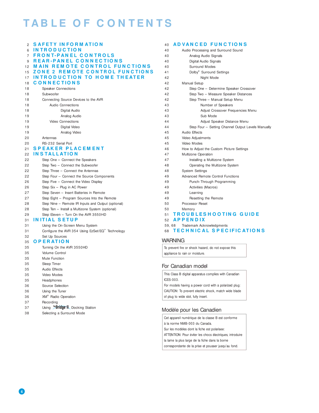 Harman-Kardon AVR 3550HD owner manual Table of Contents 