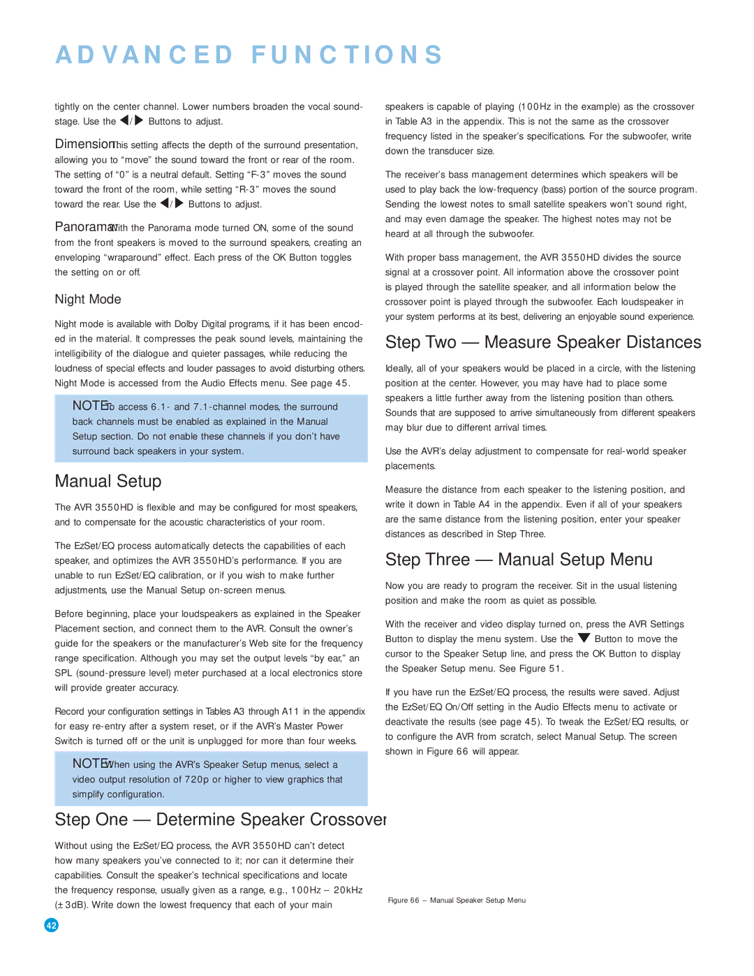 Harman-Kardon AVR 3550HD owner manual Step Two Measure Speaker Distances, Step Three Manual Setup Menu, Night Mode 