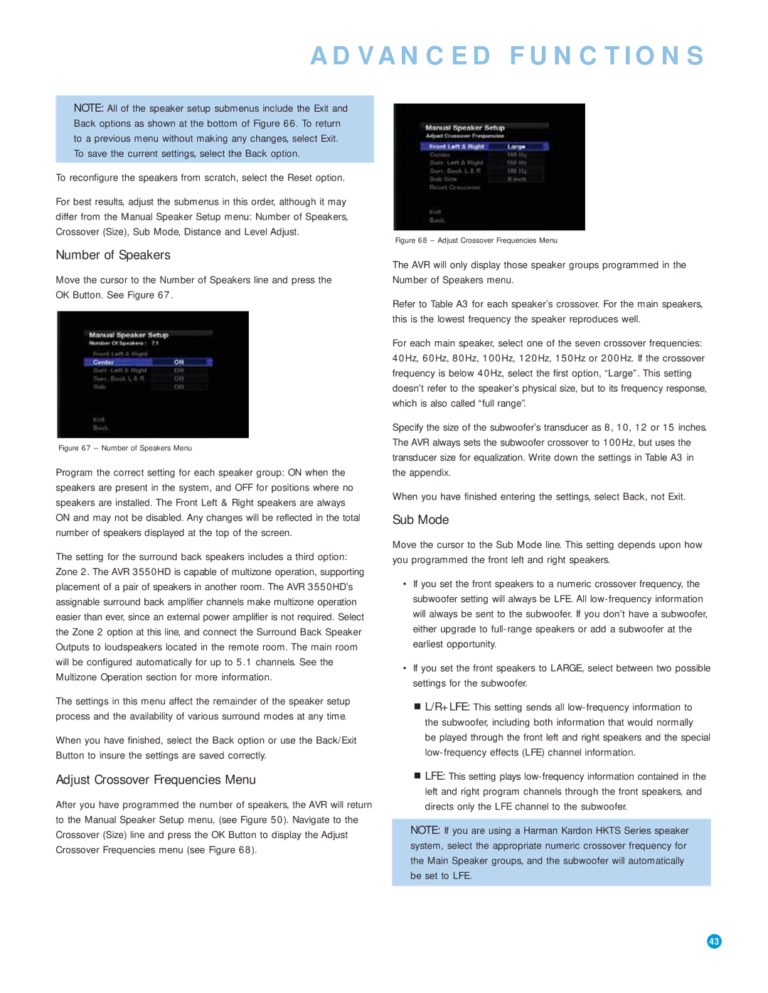 Harman-Kardon AVR 3550HD owner manual Number of Speakers, Adjust Crossover Frequencies Menu, Sub Mode 