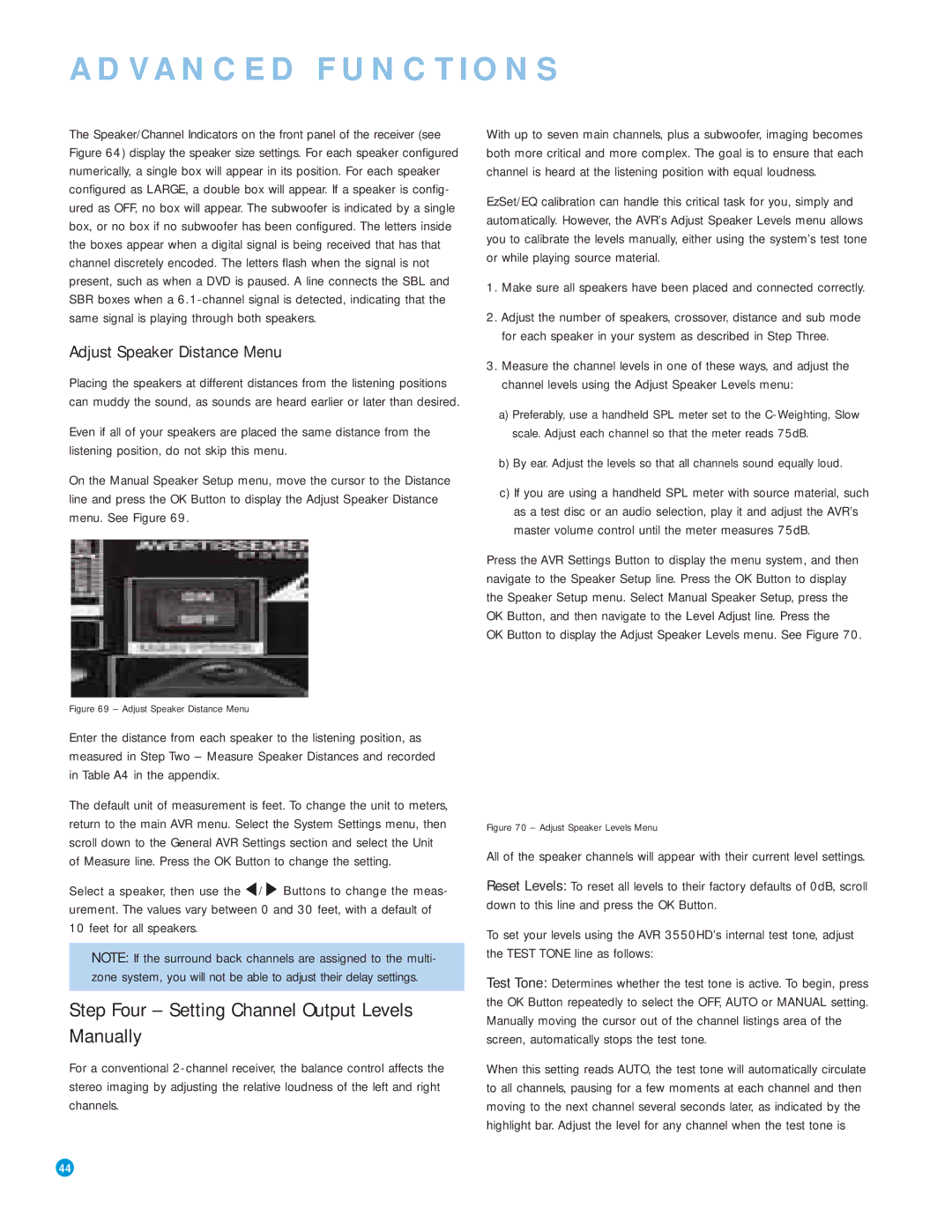 Harman-Kardon AVR 3550HD owner manual Step Four Setting Channel Output Levels Manually, Adjust Speaker Distance Menu 