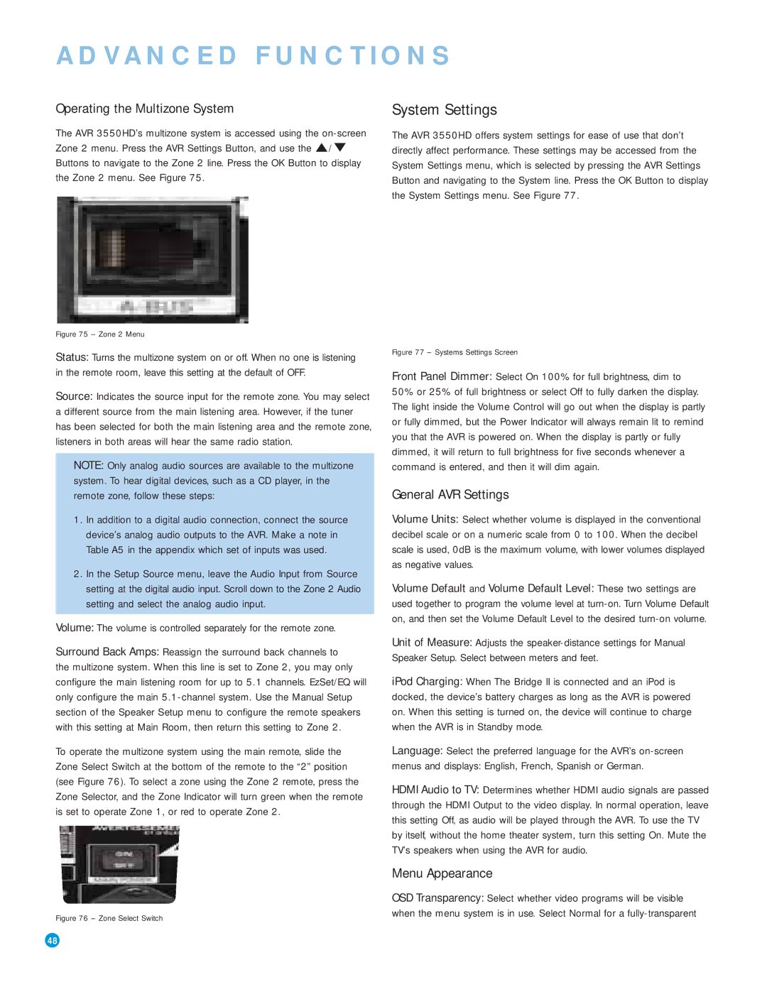 Harman-Kardon AVR 3550HD System Settings, Operating the Multizone System, General AVR Settings, Menu Appearance 