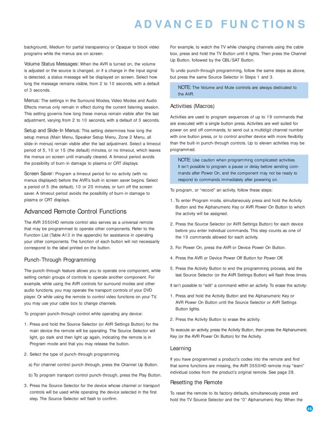 Harman-Kardon AVR 3550HD owner manual Advanced Remote Control Functions, Punch-Through Programming, Activities Macros 