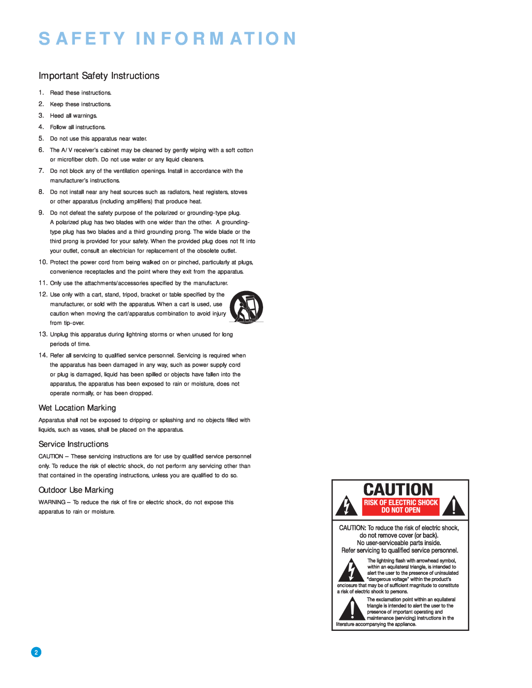Harman-Kardon AVR 3550HD Safety Information, Important Safety Instructions, Wet Location Marking, Service Instructions 