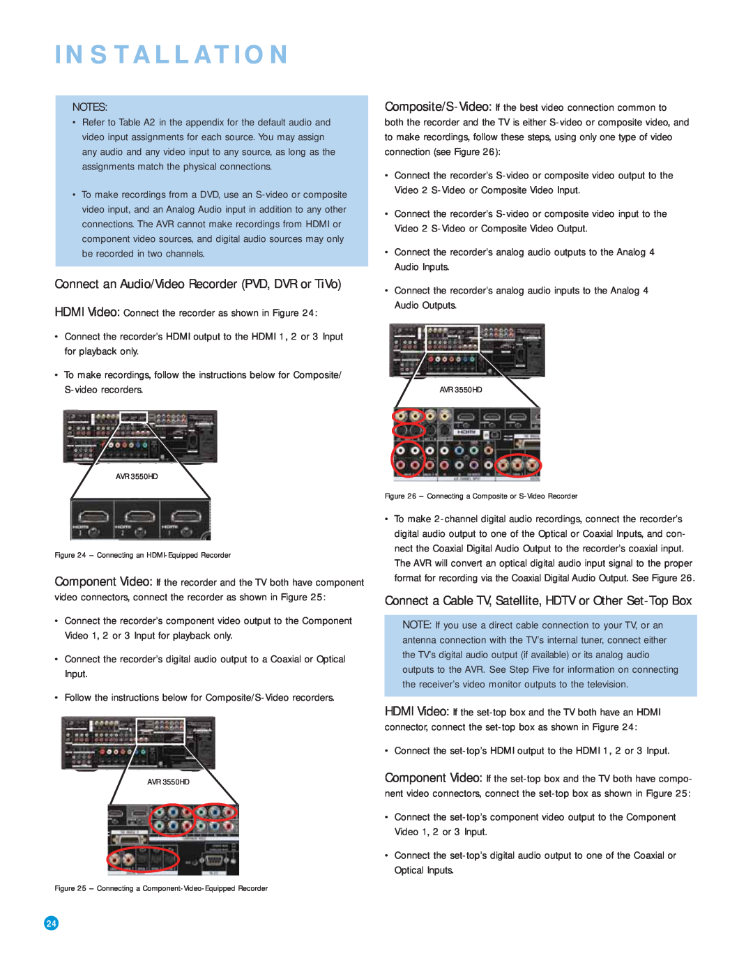 Harman-Kardon AVR 3550HD owner manual Connect an Audio/Video Recorder PVD, DVR or TiVo, Installation 