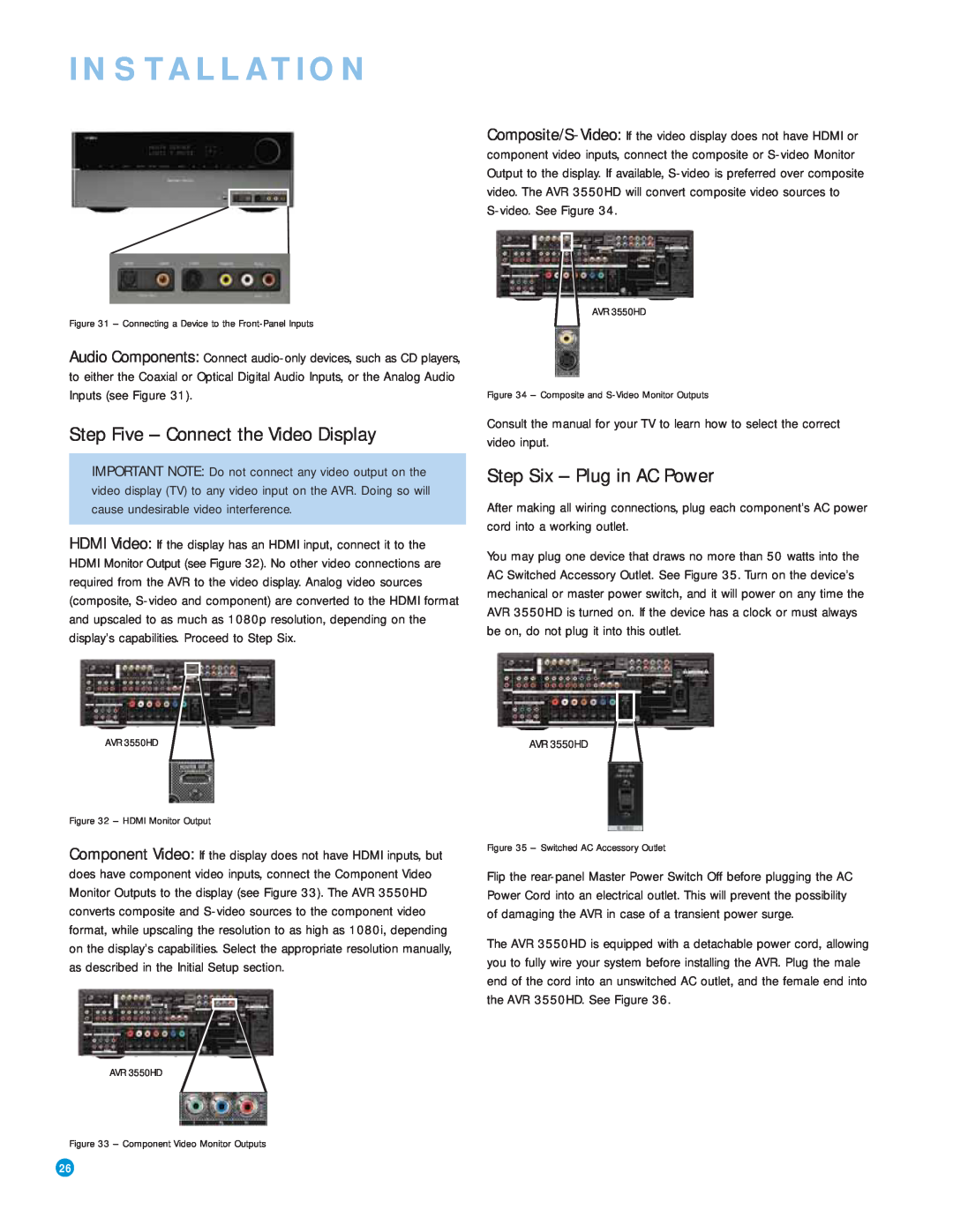 Harman-Kardon AVR 3550HD owner manual Step Five – Connect the Video Display, Step Six – Plug in AC Power, Installation 